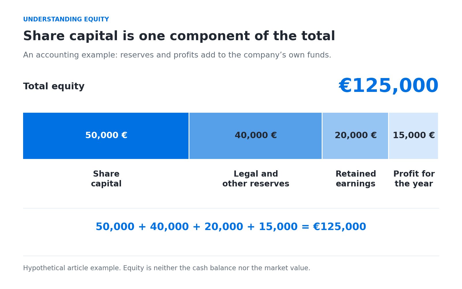 Accounting example: €50,000 share capital, €40,000 reserves, €20,000 retained earnings and €15,000 profit for the year form total equity of €125,000.