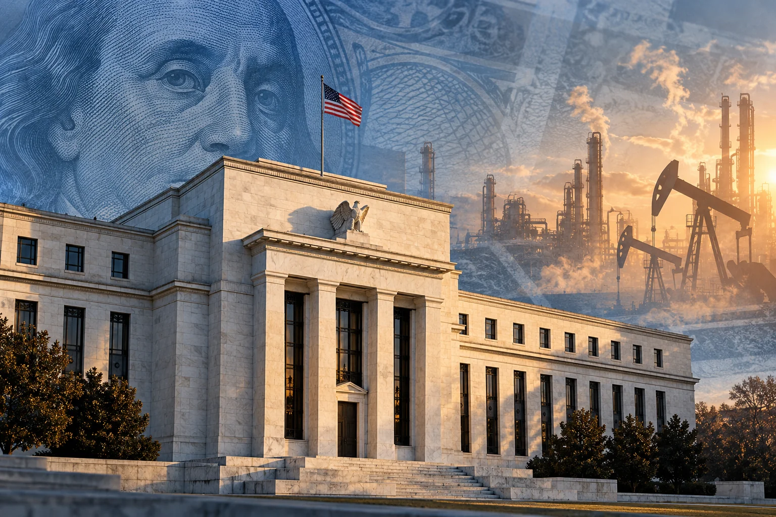 Illustration of the Federal Reserve with details of a US banknote and energy infrastructure in the background
