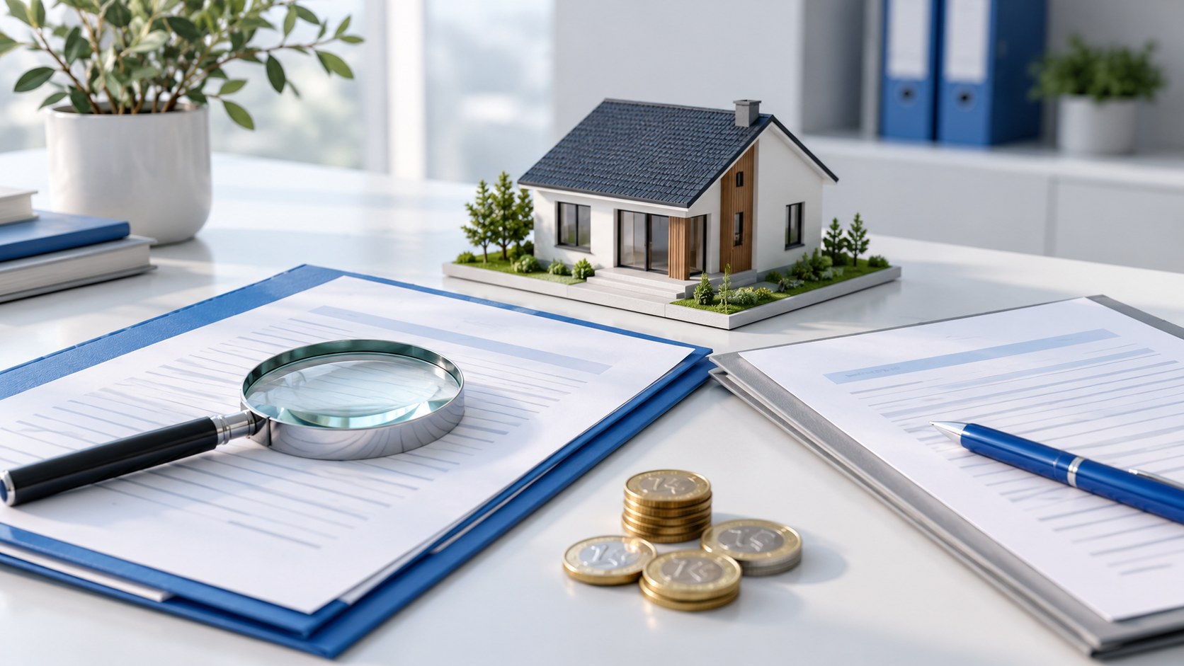 A model house beside two folders and a magnifying glass, illustrating document checks before a mortgage application.