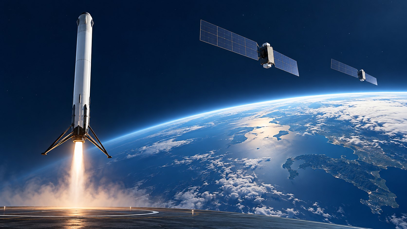 Illustrazione concettuale di un razzo riutilizzabile e satelliti per telecomunicazioni sopra la Terra.