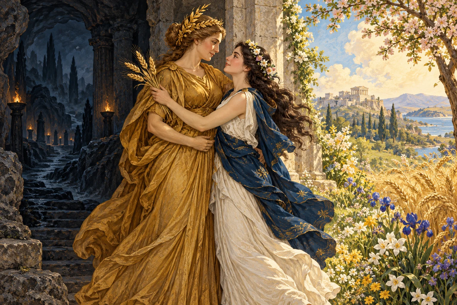 Demetra abbraccia Persefone al suo ritorno dal mondo sotterraneo, tra fiori e spighe.