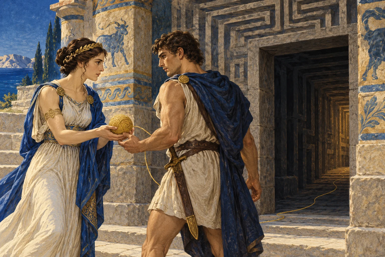 Arianna consegna a Teseo il gomitolo di filo davanti all’ingresso del Labirinto.