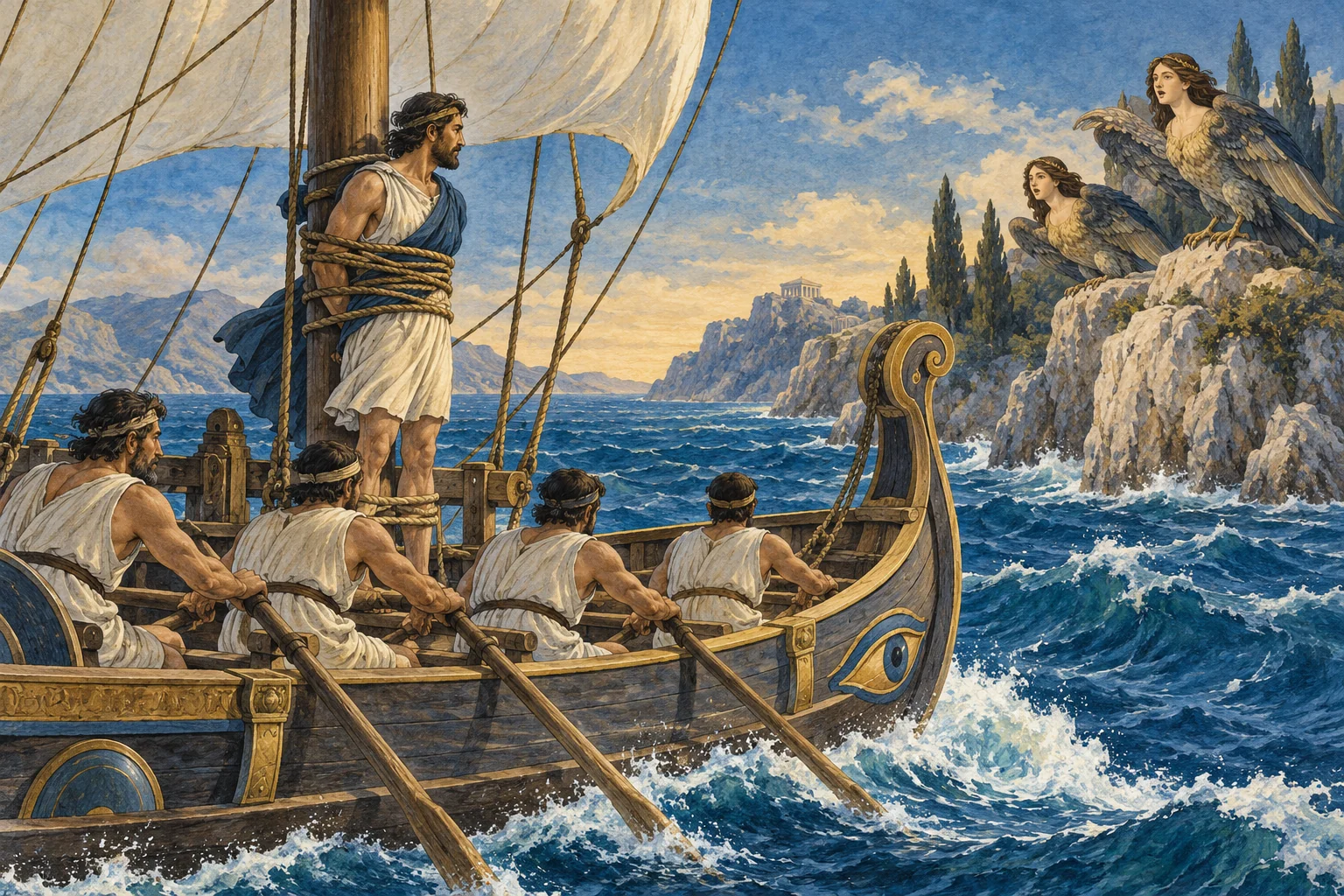 Ulisse legato all’albero della nave ascolta le Sirene, raffigurate come donne-uccello, mentre i compagni remano.