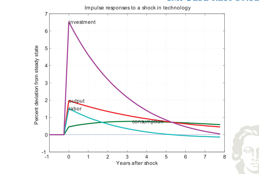 Risposte all'impulso di uno shock tecnologico, inclusa la risposta più ampia dell'investimento.