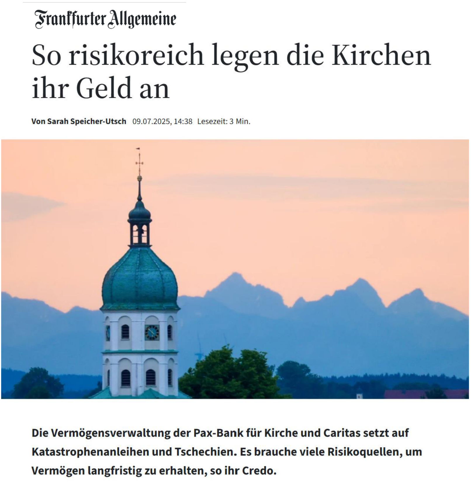 Newspaper report on church investments in catastrophe bonds, with its dated headline and church photograph.