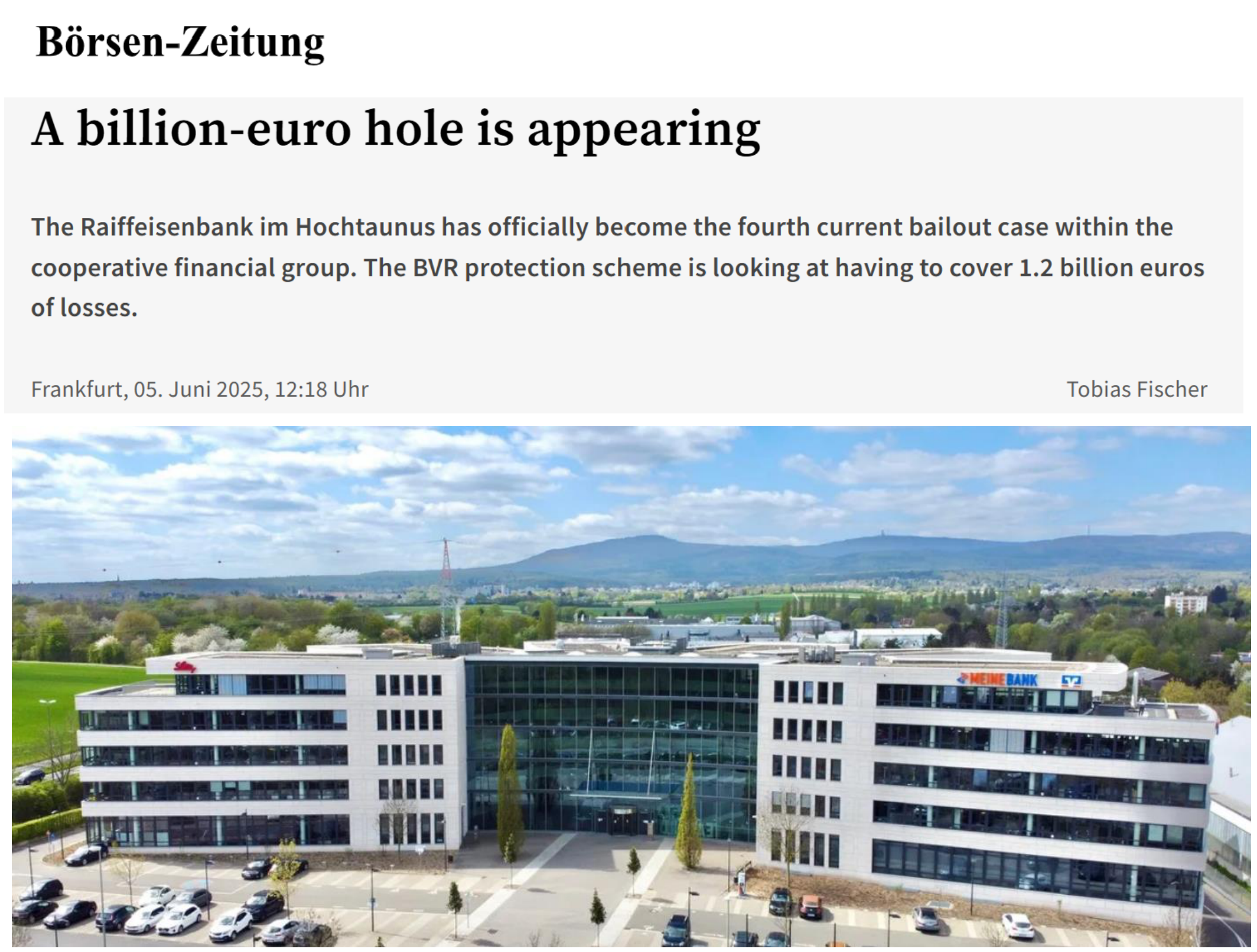 Dated report about Raiffeisenbank im Hochtaunus and a photograph of its building.