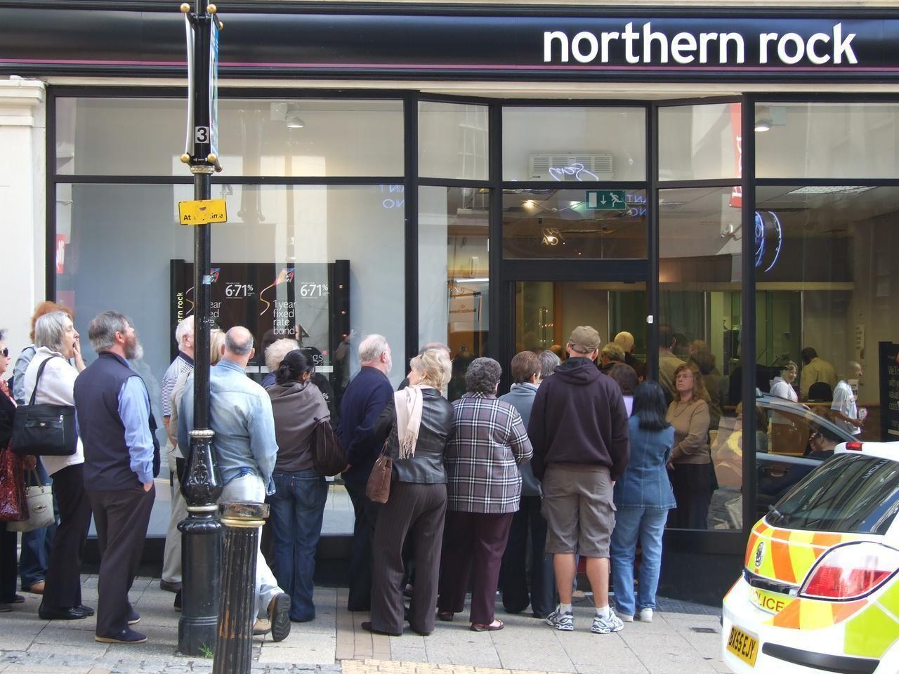 A queue of depositors outside a Northern Rock branch during the 2007 bank run.