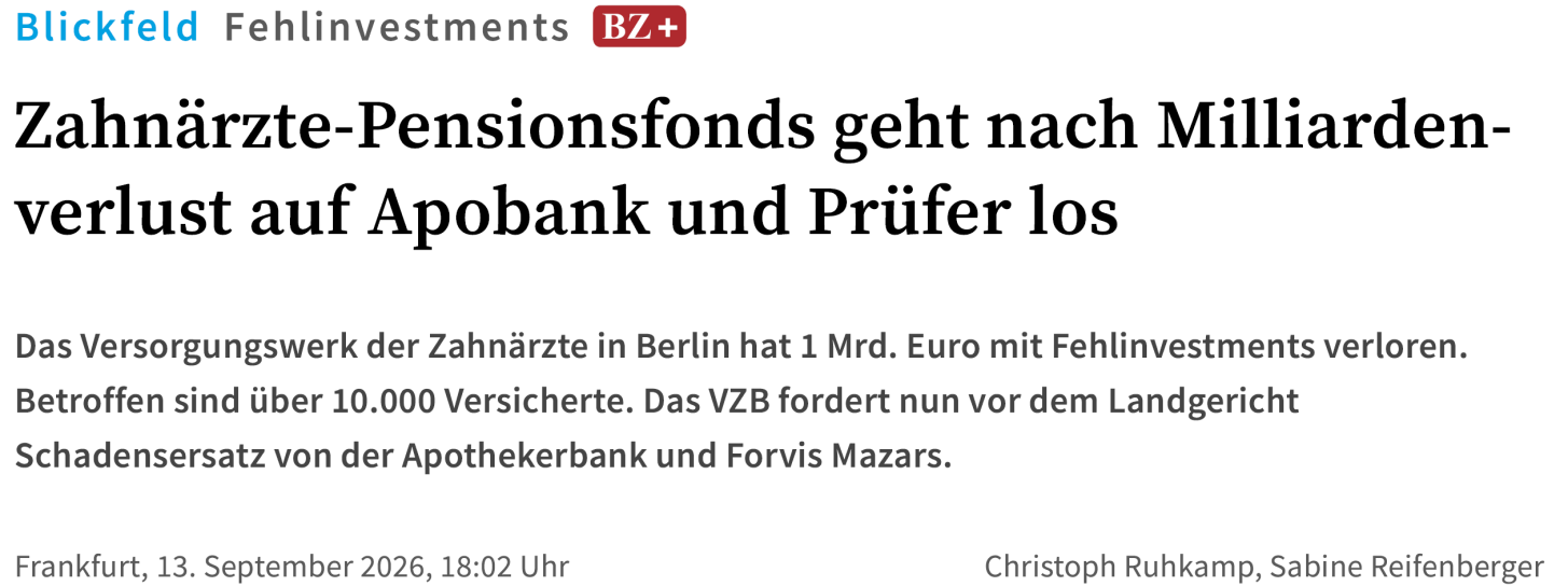 Dated German newspaper excerpt describing the pension fund’s losses and legal claims.