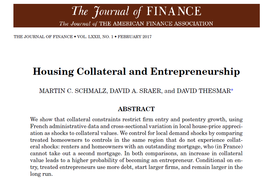 Titolo e abstract dell'articolo di ricerca del 2017 Housing Collateral and Entrepreneurship.