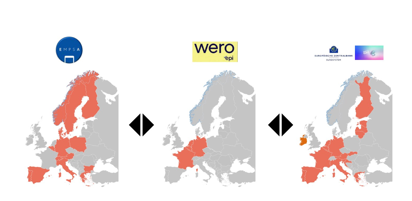 Rappresentazione geografica storica delle iniziative europee di pagamento. Le mappe di partecipazione si riferiscono alla data di osservazione e non garantiscono l'attuale accettazione da parte degli esercenti.